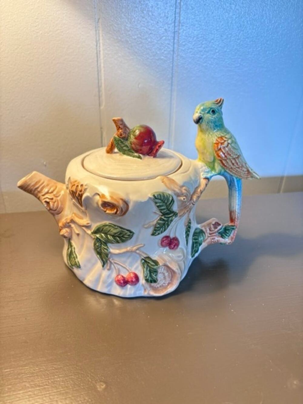 Vintage 1990 CBK Parrot with Cherries Figural Teapot Taiwan Bird Series